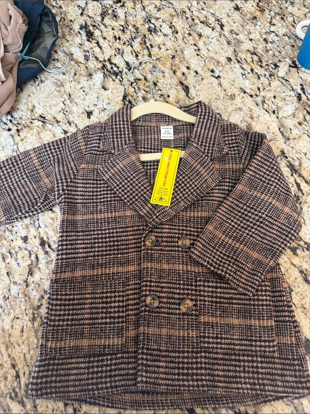 SHEIN Brown & Black Plaid Peacoat for Kids